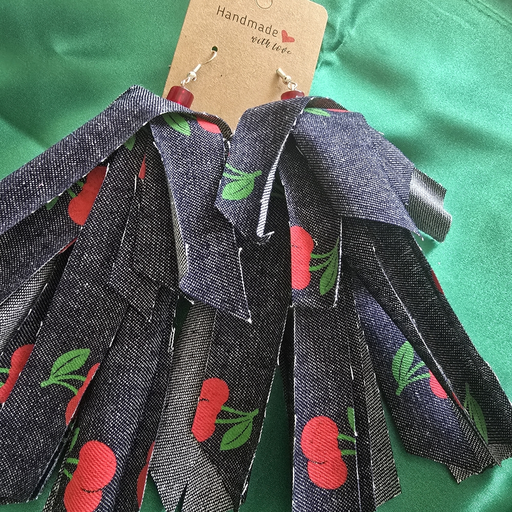 Cherry Print Denim Earrings